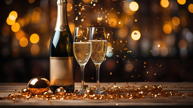 Glasses of champagne and bottle on bokeh background. Concept of New Year and Christmas celebration.