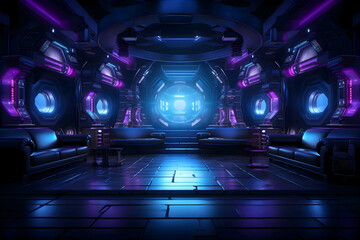Futuristic sci-fi stage with neon lights and reflective floor, leading to a bright portal. - obrazy, fototapety, plakaty