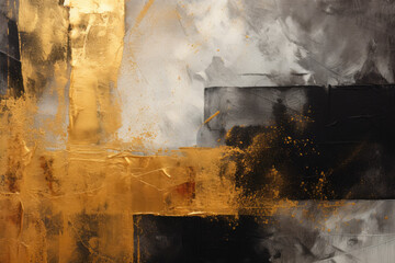 A detailed close-up of an abstract art texture in dark gold and black, featuring oil and acrylic brushstrokes, palette knife, and geometric spatula techniques with rectangles on canvas.