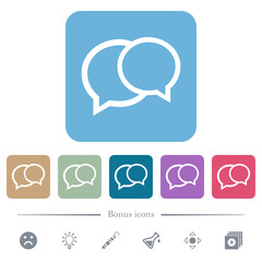 Two oval chat bubbles outline flat icons on color rounded square backgrounds