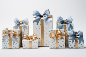 Whimsical white and blue gift boxes wrapped in playful patterns, finished with shiny gold ribbon...