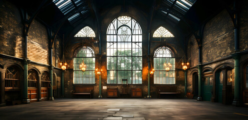 Vintage industrial interior with large windows and symmetrical architecture, suitable for background or concept.