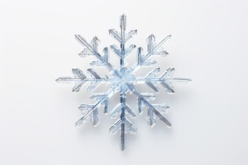 Macro photograph of a perfect snowflake on a white background