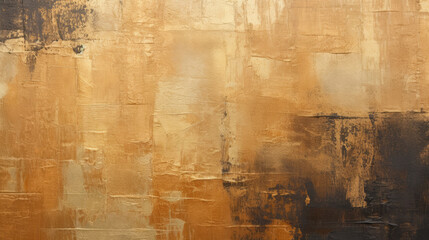 A detailed close-up of an abstract art texture in dark gold and black, featuring oil and acrylic brushstrokes, palette knife, and geometric spatula techniques with rectangles on canvas.