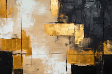 An up-close view of an abstract dark gold and black art texture, highlighting oil and acrylic brushstrokes, palette knife work, and geometric spatula techniques on canvas.Background