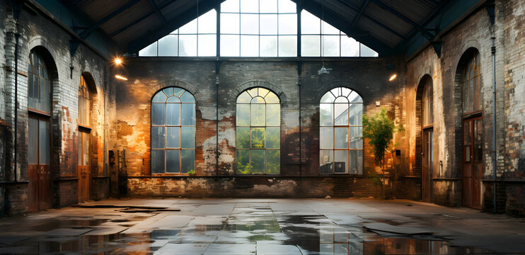 Abandoned industrial interior with large windows, weathered walls, and reflections on the floor.