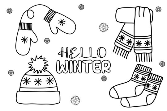 Warm winter accessory set mittens, hat, scarf and socks, doodle vector outline for coloring book