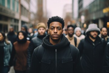 Serious black male activist protesting outdoors with group of demonstrators in the background. - obrazy, fototapety, plakaty