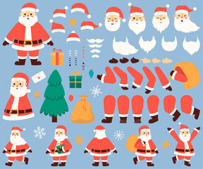 Santa Clause constructor. Santa Claus character creation set. Collection of cartoon character body parts and emotions. Character design of Front, side, back view and  animation poses.