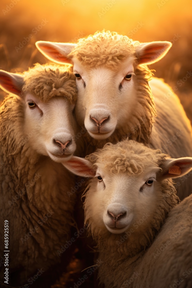 Poster A group of sheep standing next to each other. Generative AI.