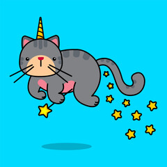 Cute magical character of fat flying cat. Cartoon vector illustration. Magic wand and stars. Vector illustration