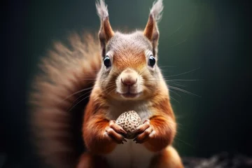 Foto op Plexiglas A close up of a squirrel holding a nut. Generative AI. © Natalia