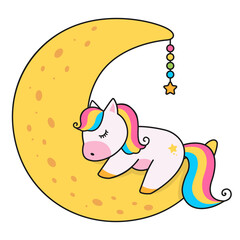 Cute magical character of unicorn sleeping on the moon. Cartoon vector illustration.