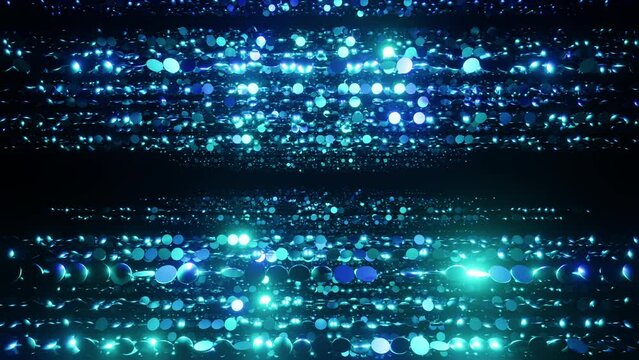 Cyan spherical particles awards overlay loop background 3d render. The luxurious cyan particles keep moving forward, the golden dots flickering, perfect for awards, weddings, movies and openers