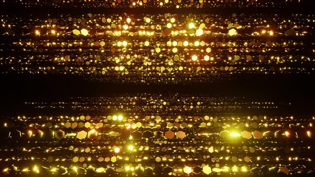 Golden hexagonal particles awards overlay loop background 3d render. The luxurious gold particles keep moving forward, the golden dots flickering, perfect for awards, weddings, movies and openers