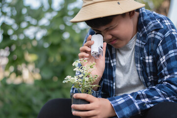 Asian boy using outdoor portable microscope to watch tiny patterns, creatures and living things in...