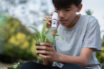 Asian boy using outdoor portable microscope to watch tiny patterns, creatures and living things in...