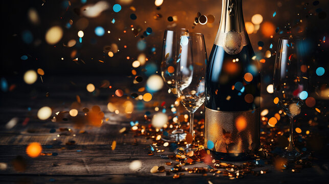 Glasses of champagne and bottle on bokeh background. Concept of New Year and Christmas celebration.