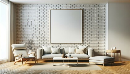 Fototapeta na wymiar Mockup Frame in Modern Living Room with Brick Wall and Wooden Details