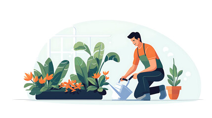Minimalist UI illustration of gardener watering plants
