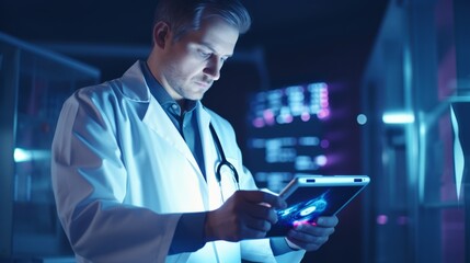Doctor working on digital tablet on hospital