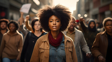 afro woman in a march, black woman in a march, afro woman in the midst of a group of people 