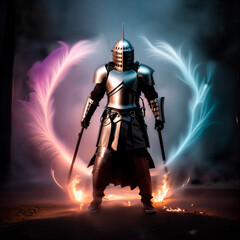 Naklejka premium Magic fairy-tale portrait, a medieval knight stands in the forest with a weapon in his hands, he holds a sword, behind him are traces of the use of magic, colored traces in the air