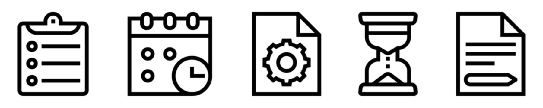 Conjunto de iconos de tareas y proyectos. Cronograma, planificaci&oacute;n. Lista de tareas, calendario, hoja de proyecto, reloj de arena, papel y l&aacute;piz. Ilustraci&oacute;n vectorial