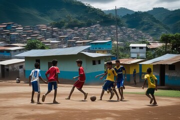 Meninos jogam futebol em campo de terra batida em um bairro de baixa renda. - obrazy, fototapety, plakaty