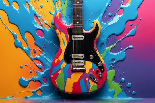 Guitarra colorida, ao fundo painel com tintas de v&aacute;rias cores derramadas. (gerado com ia)