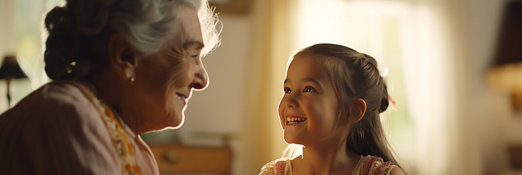 Image of a grandmother and granddaughter happily talking in their living room.