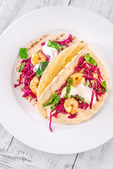 Shrimp red cabbage tacos