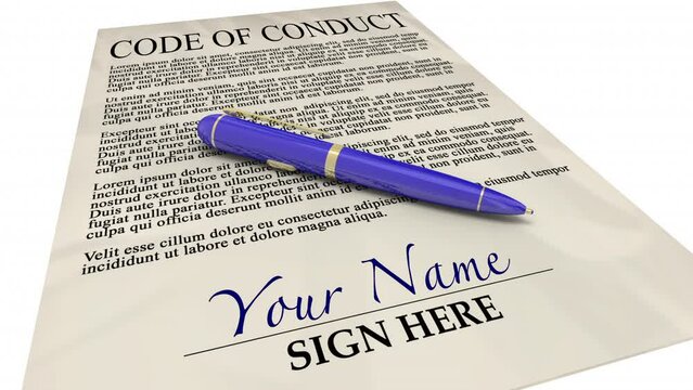 Code of Conduct Document Agreement Pen Sign Name 3d Animation