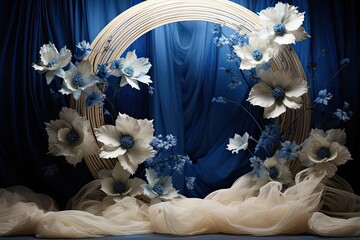 Maternity backdrop, wedding backdrop, photography background, maternity props, Light hoop weaved cobalt blue and tan flowers, elegant wall background, flowing white satin drape, giant flowers