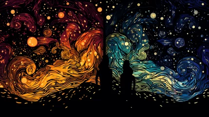 Fotobehang Les flammes jumelles, deux polarités et univers qui s'attirent, dessin silhouettes d'un amour prédestiné © Leopoldine
