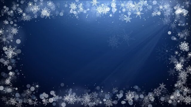 Abstract Christmas border background with blue snowflakes. Loop winter motion graphic.
