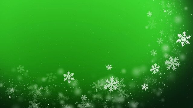 Festive New Year green background with curved frame of white flying snowflakes. Looped Christmas animation.