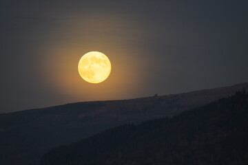 Mist gives a soft glow to the Full Beaver moon rising behind mountain ridge