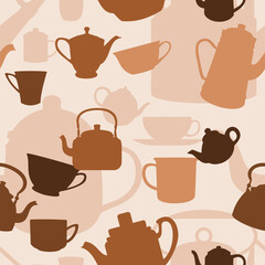 Editable Vector of Flat Monochrome Style Traditional Coffee or Tea Cups and Pots Illustration Icons Seamless Pattern for Creating Background and Decorative Element of Beverage Related Design