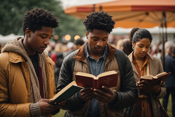 Diverse people reading book while standing at literary festival - obrazy, fototapety, plakaty