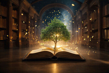 The concept of the International Literacy Day with a tree, on books, A Tree of Knowledge Planted on an Opened Book in Library