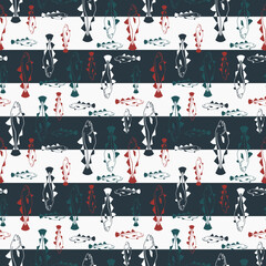 Cod fish scatter pattern in navy blue stripes. Vector seamless pattern design for textile, fashion, wrapping and paper