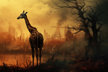 Pensive Giraffe Watches as Trees Fall, muted colors, environmental melancholy 