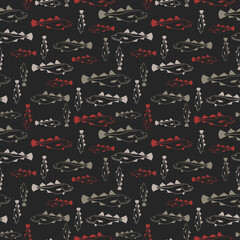 Cod fish scatter pattern in dark colors. Vector seamless pattern design for textile, fashion, wrapping and paper