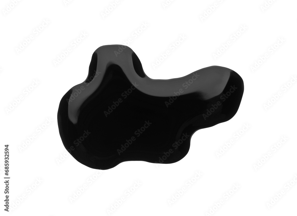 Poster Blot of black liquid on white background, top view