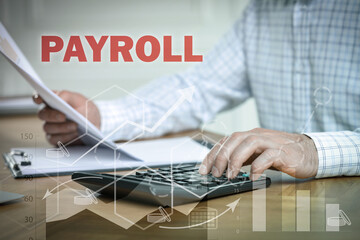 Payroll. Man using calculator at wooden table, closeup. Illustrations of bar graph, arrows and icons