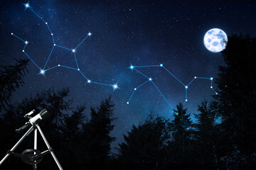 Different constellations in starry sky over forest on full moon night. Stargazing with telescope
