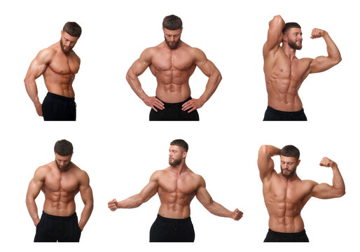 Handsome bodybuilder posing on white background, set of photos