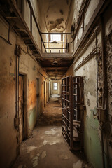 Fototapeta na wymiar old abandoned prison corridor generative ai