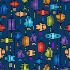 Colorful lanterns hanging verticaly pattern. Vector seamless pattern design for textile, fashion, paper and wrapping. 